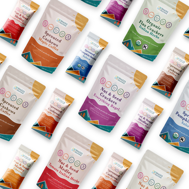 Pattern of various Snacks Solutions packaging on a white background