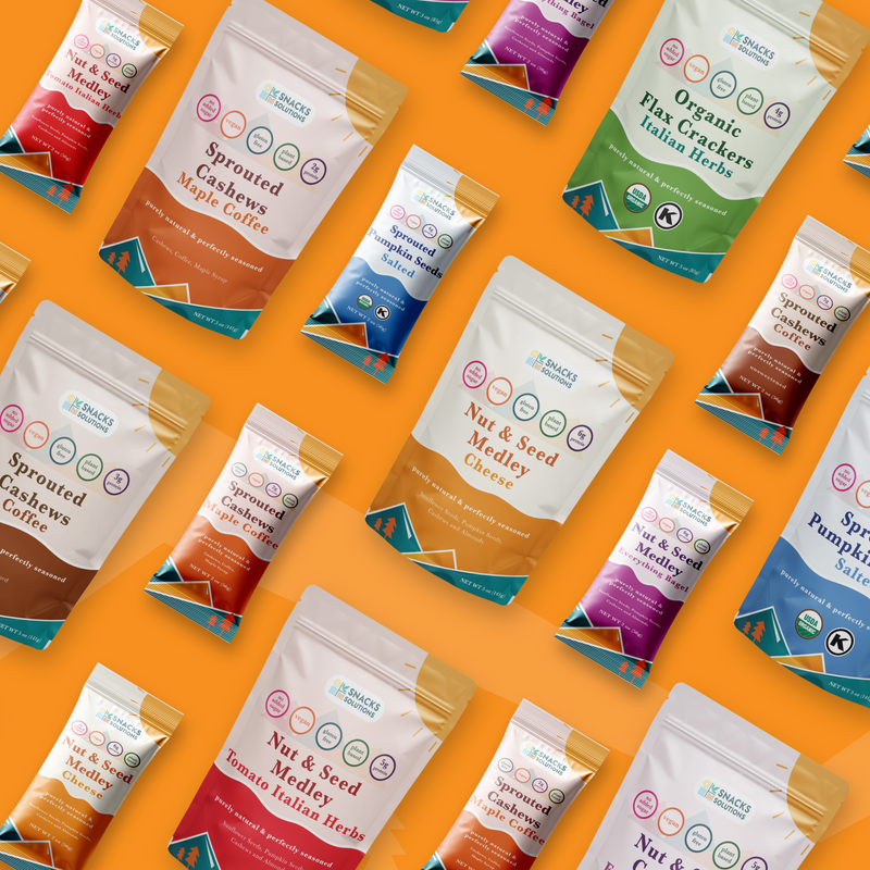 Pattern of various snack packs on an orange background