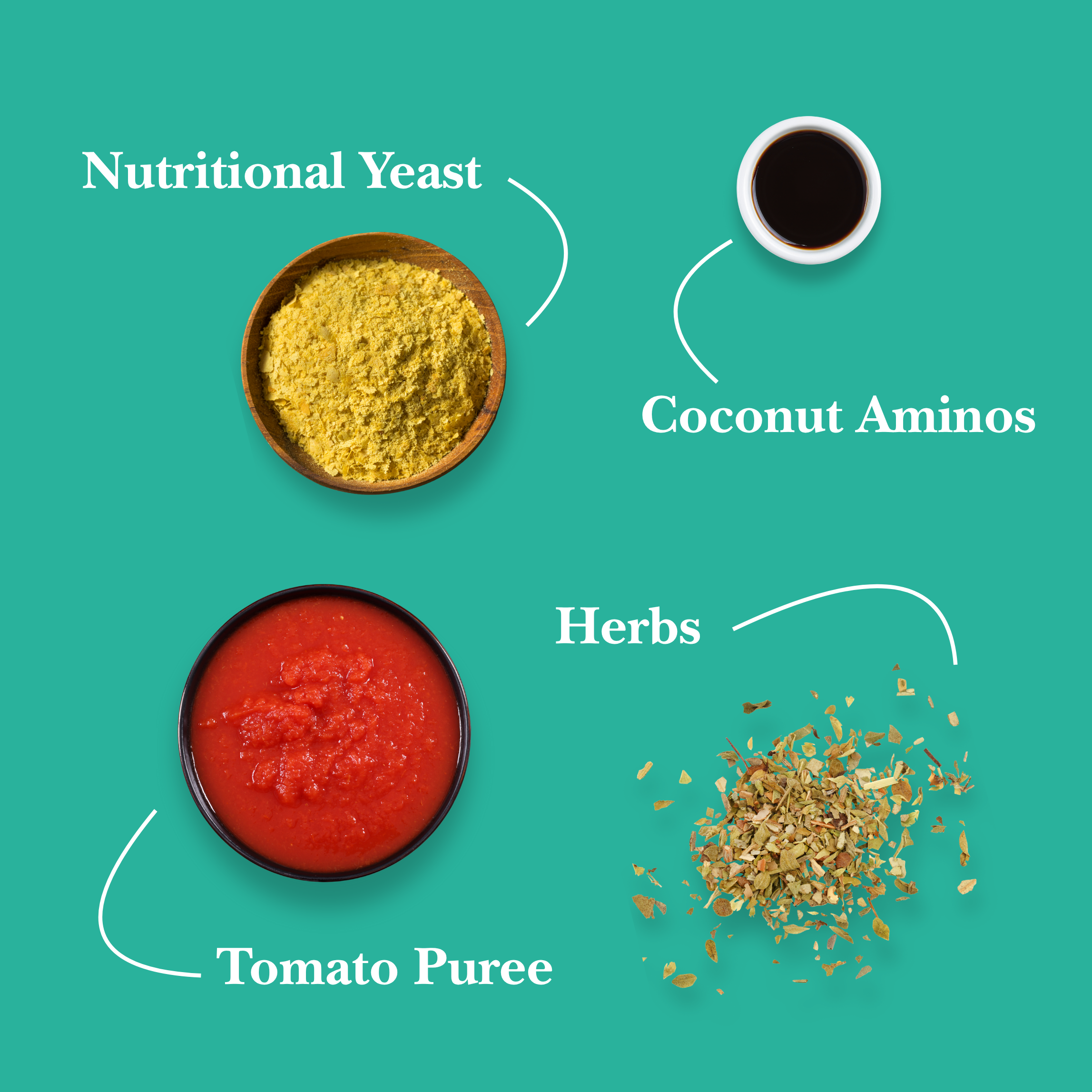 Ingredients including nutritional yeast, coconut aminos, tomato puree, and herbs on a teal background.