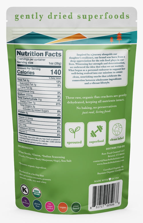 Back of a Flax Crackers – Italian Herbs packaging with nutrition facts and branding information.
